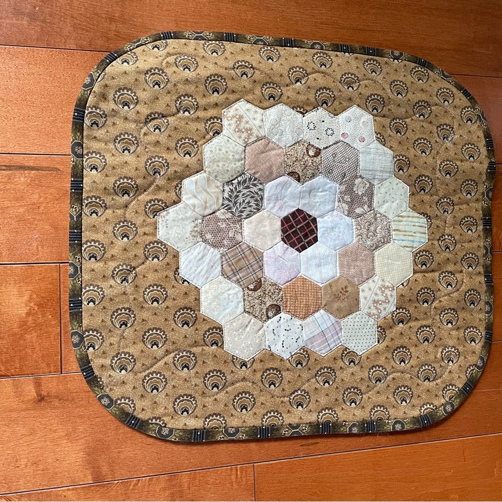Handmade Hexagon Patchwork Table Topper in Brown and Cream